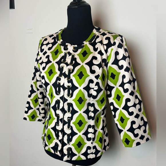 Susan Bristol Blue/Green Ikat Print 3/4 Sleeve Blazer Sz M - Picture 3 of 6